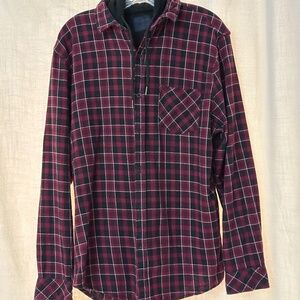 Nomad Flannel Shirt Jacket Mens XL Red White Black Plaid Hoodie Front Button.